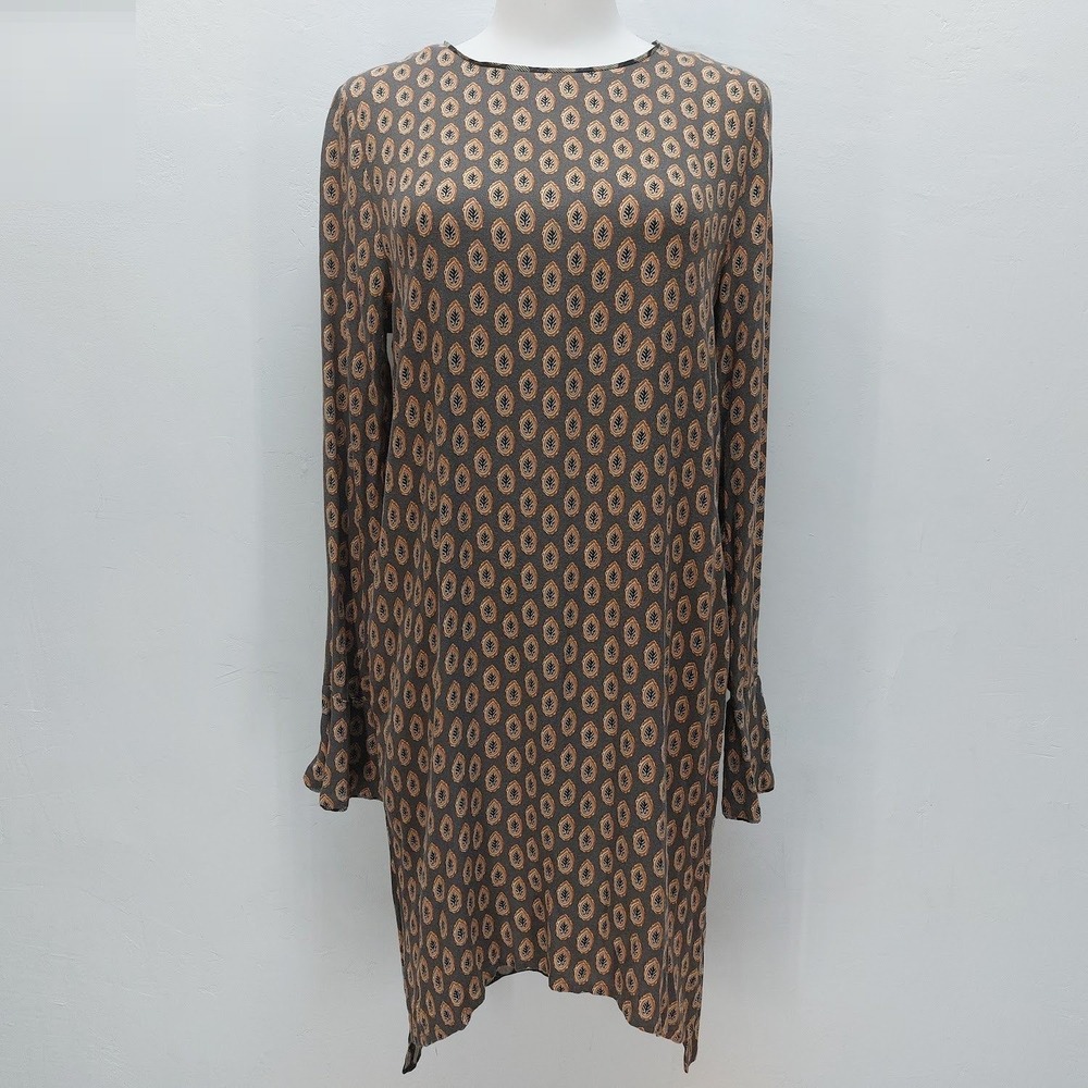 Cotélac Shift Mini Dress Women's 0 Brown Boho Leaf Print Wool Blend Long Sleeve